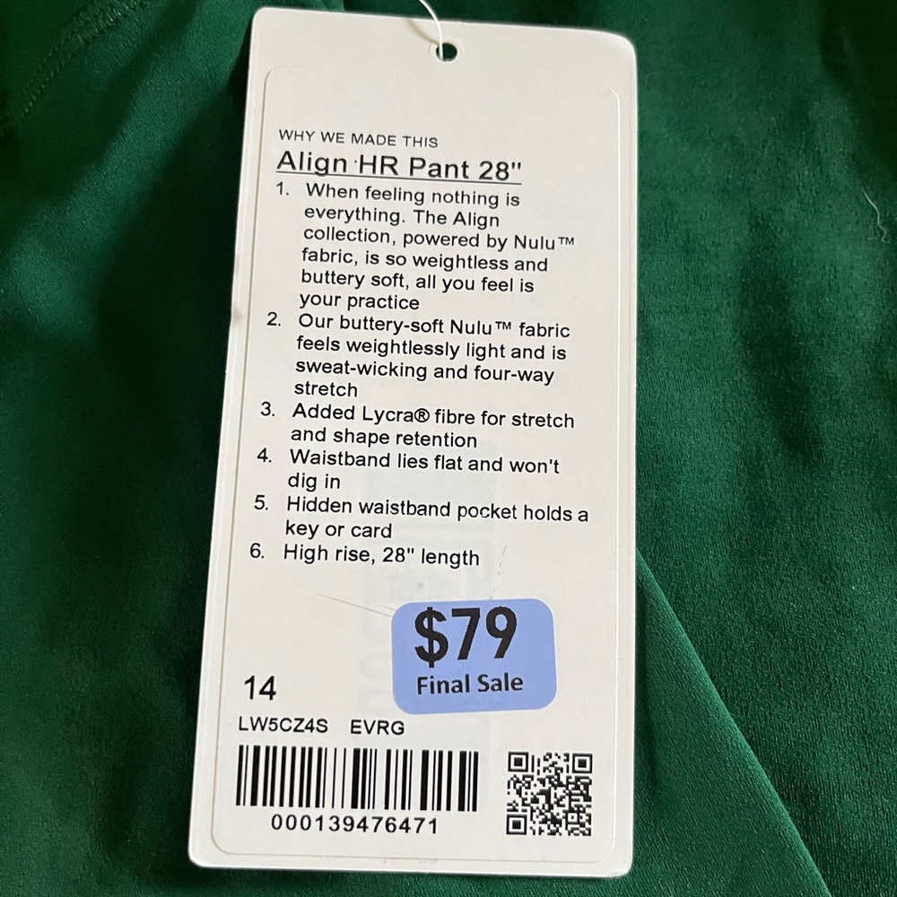 NWT size 14 Lululemon Align HR legging, 28”